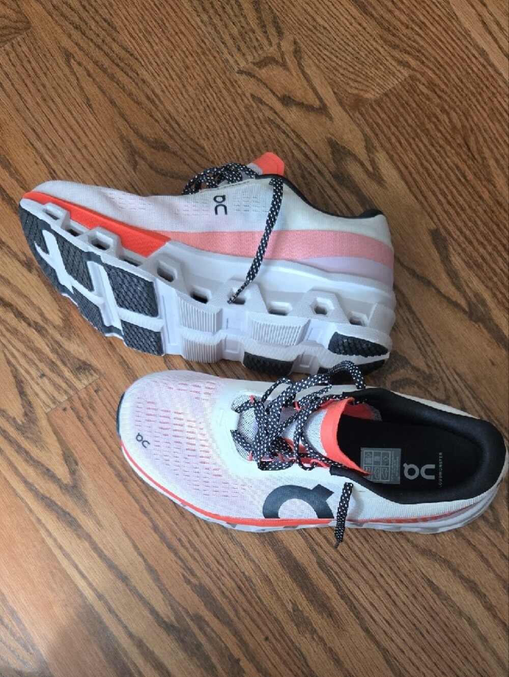 On Clouds Running Women White & Coral Pink Accent Sneakers. - Picture 2 of 5